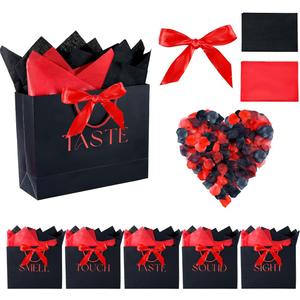 BHHQHH 5 Senses Gift Bags for Him Her Five Senses Gift Bags Sight Smell Touch Taste Sound Bags with Ribbon Handles Tissue Paper Petals for Party Birthday,Wedding,Valentine's Day(Red,Black)