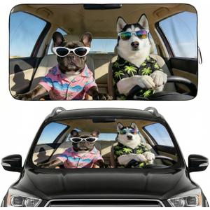 Windshield Sun Shade for Car, Cute Husky & French Bulldog Car Windshield Sunshade, Funny Dog UV Heat Shield, Foldable Automotive Sun Shade for Cars SUV Trucks (Large/Truck (69"x35.5" / 175cm x 90cm))