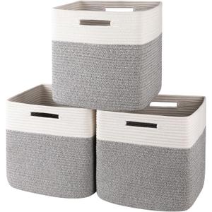 OIAHOMY 13 Inch Cube Storage Bins, 3-Pack Cotton Rope Woven Baskets for Organizing, Insert Storage Baskets for Shelves, Baby Nursery, Closet Organizer, 13 * 13 * 12.6IN, Grey & White
