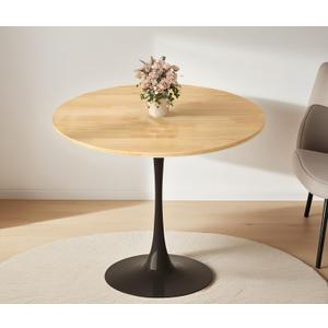 Round Dining Table, 24" Circle Pedestal Table with Thickened Top & Metal Base, Mid-Century Modern Coffee Table for Living Room, Kitchen, Small Spaces, Natural Wood