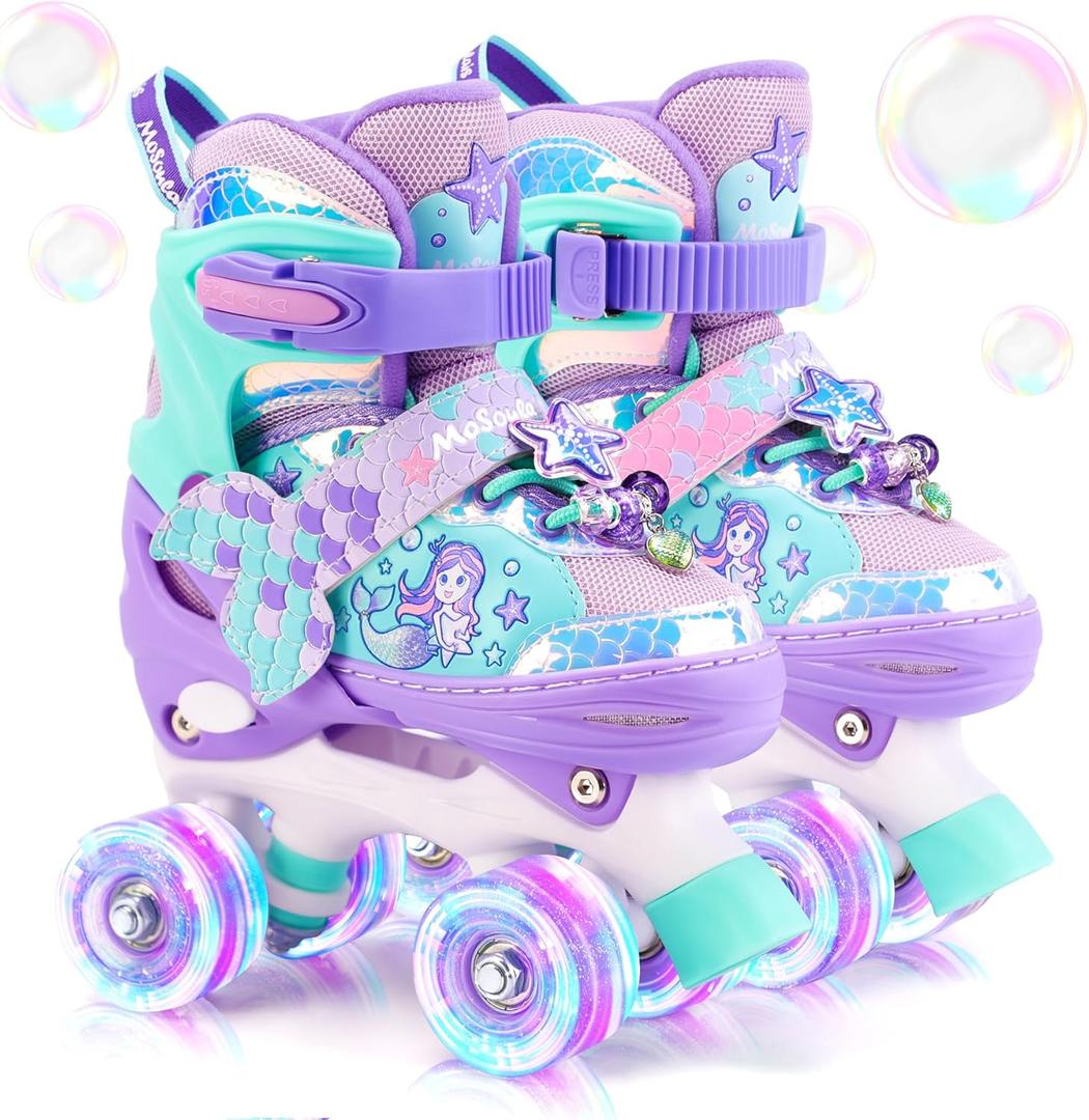 Mermaid Roller Skates for Girls Kids, Mosoulais 4 Size Adjustable Light up Wheels Skates for Toddlers, Beginner Women Rollerskates Indoor Outdoor for Xmas Birthday Gifts, Patines para Nias Nios (Medium-Big Kid (US 1-4), Purple)