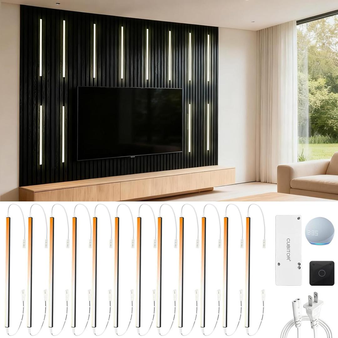 12Pcs 15 Linkable CCT COB Recessed LED Light Bar Kit,2700K~6500K,CR90+,with Rechargeable RF & Alexa Voice Control,for Wood Slat Wall Panel,Home Decor,Cabinet DIY Lighting,Black Channel, Black Channel, 12Pcs*15in/2700K~6500K