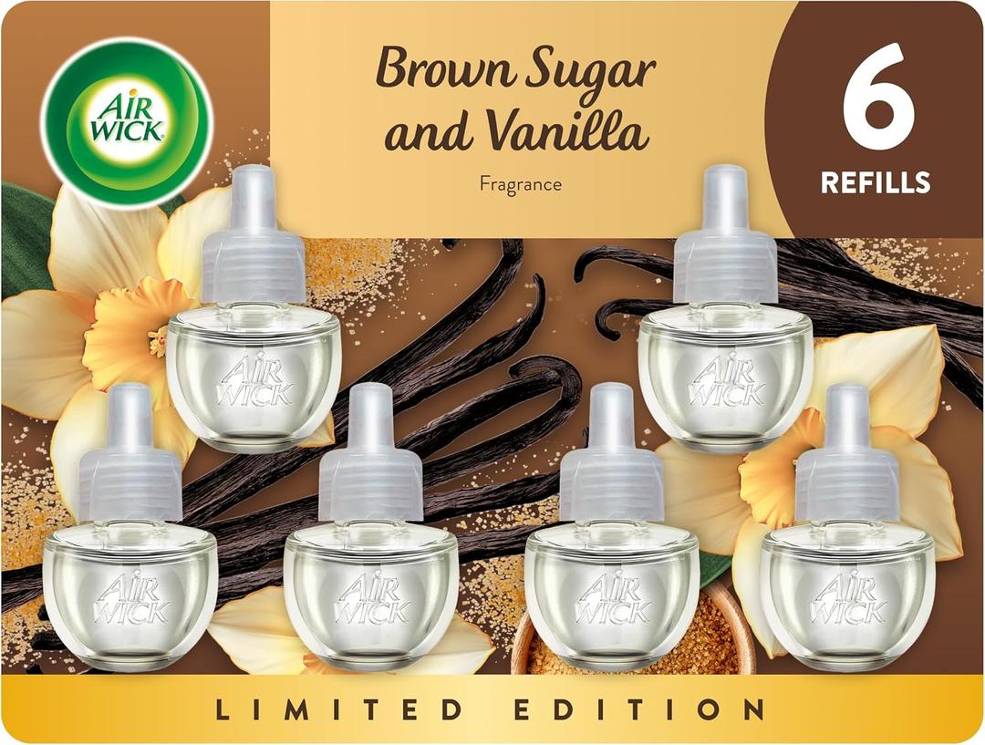 Air Wick Plug In Scented Oil Refill, Infused with Essential Oils, Plug In Air Fresheners for Home, Brown Sugar & Vanilla, 6 ct