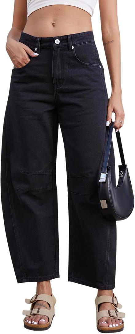 Mid Rise Barrel Jeans for Women Wide Leg Mid Waist Cropped Denim Pants Y2k Baggy Boyfriend Jeans with Pockets (Medium, Iconic Black)