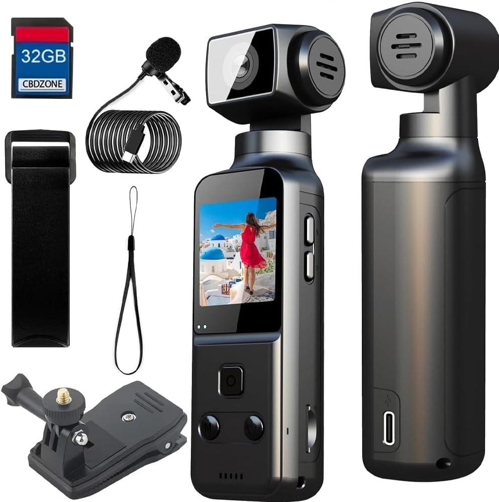 4K Pocket Body Camera with Audio & Video Recording, 270° Rotating Len, EIS Stabilization, Handheld & Wearable POV Cameras with External Microphone, Vlogging Camera for Travel, Meeting, Daily Use(32GB)
