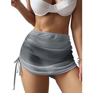 ZAFUL Women's Beach Cover Up Skirt Mesh Sheer Ruched Drawstring Short Swim Skirt Cover Ups for Swimwear (1-black, M)