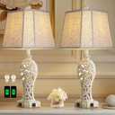 Set of 2 Rustic Table Lamps for Living Room Bedroom, Farmhouse Vintage Nightstand Lamp with 2 USB Ports, Hollow Out Resin Lamp for End Table with Nightlight, Bulbs Included (Wash White)