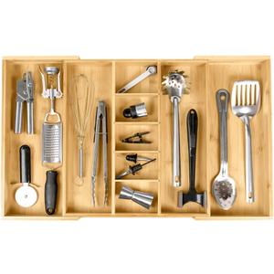 KitchenEdge Adjustable Bamboo Kitchen Drawer Organizer for Utensils and Junk, Expandable to 28 inches Wide, 9 Compartments