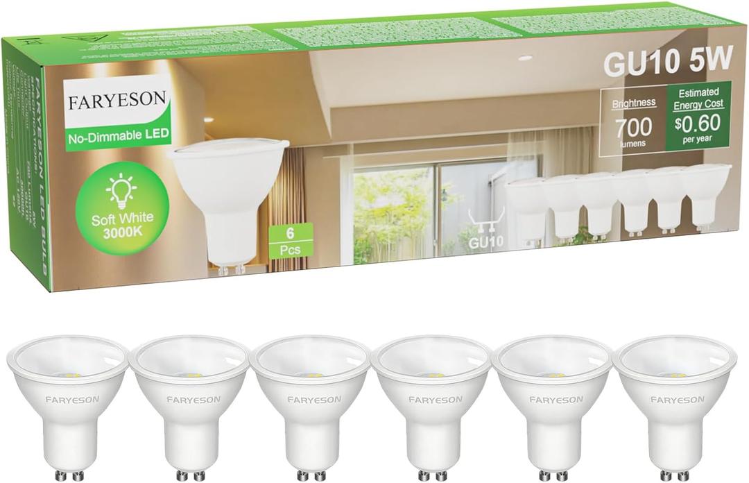 GU10 LED Light Bulbs - 5W Energy-Efficient, 700 Lumens Warm White (3000K), Non-Dimmable, 110 Flood Beam, Ideal Replacement for Halogen Bulb in Recessed & Track Lighting, 6-Pack