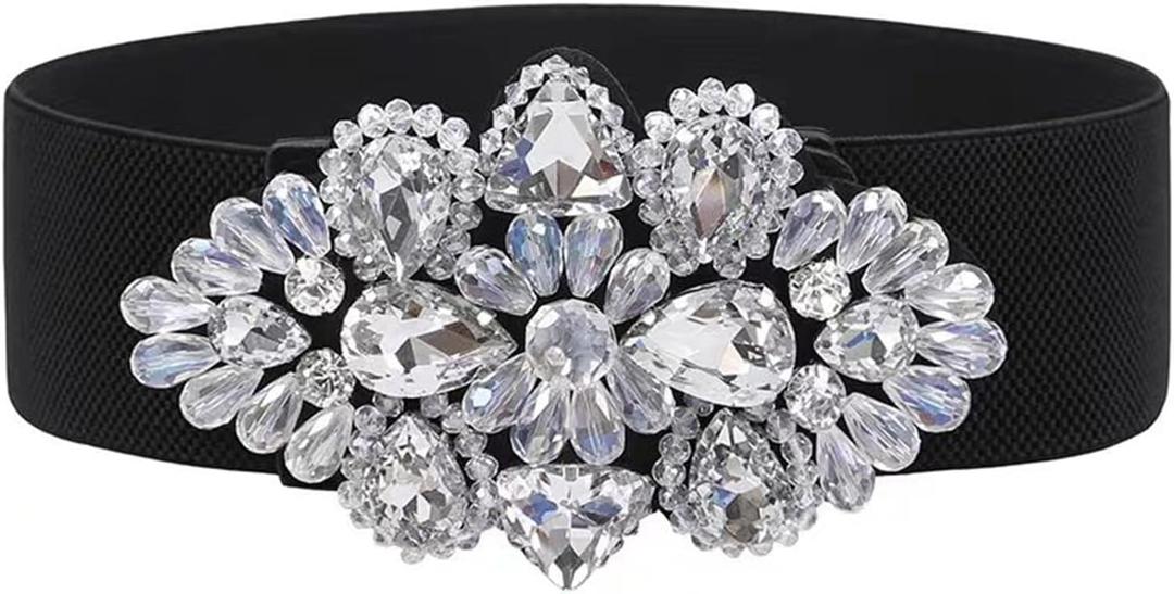 Elastic Rhinestone Belts for Women-Crystal Wide Stretchy Belts for Dress, Cinturones para Mujer, Black