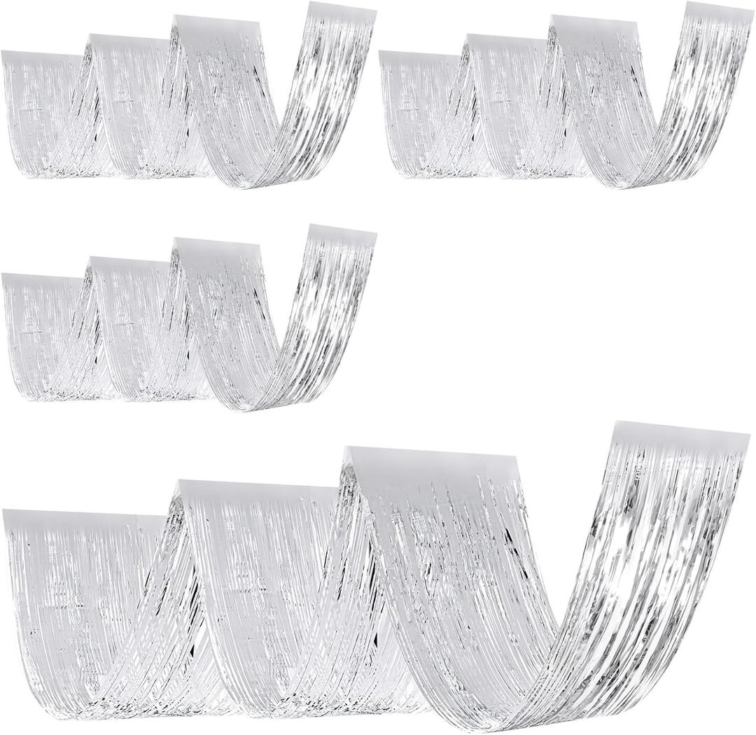 Breling 4 Pcs 15ft Metallic Foil Ceiling Fringe Curtains for Bachelorette Party Decorations, Fringe Ceiling Drapes for Wedding Engagement Bridal Shower Birthday Party Engagement Decor(Silver)