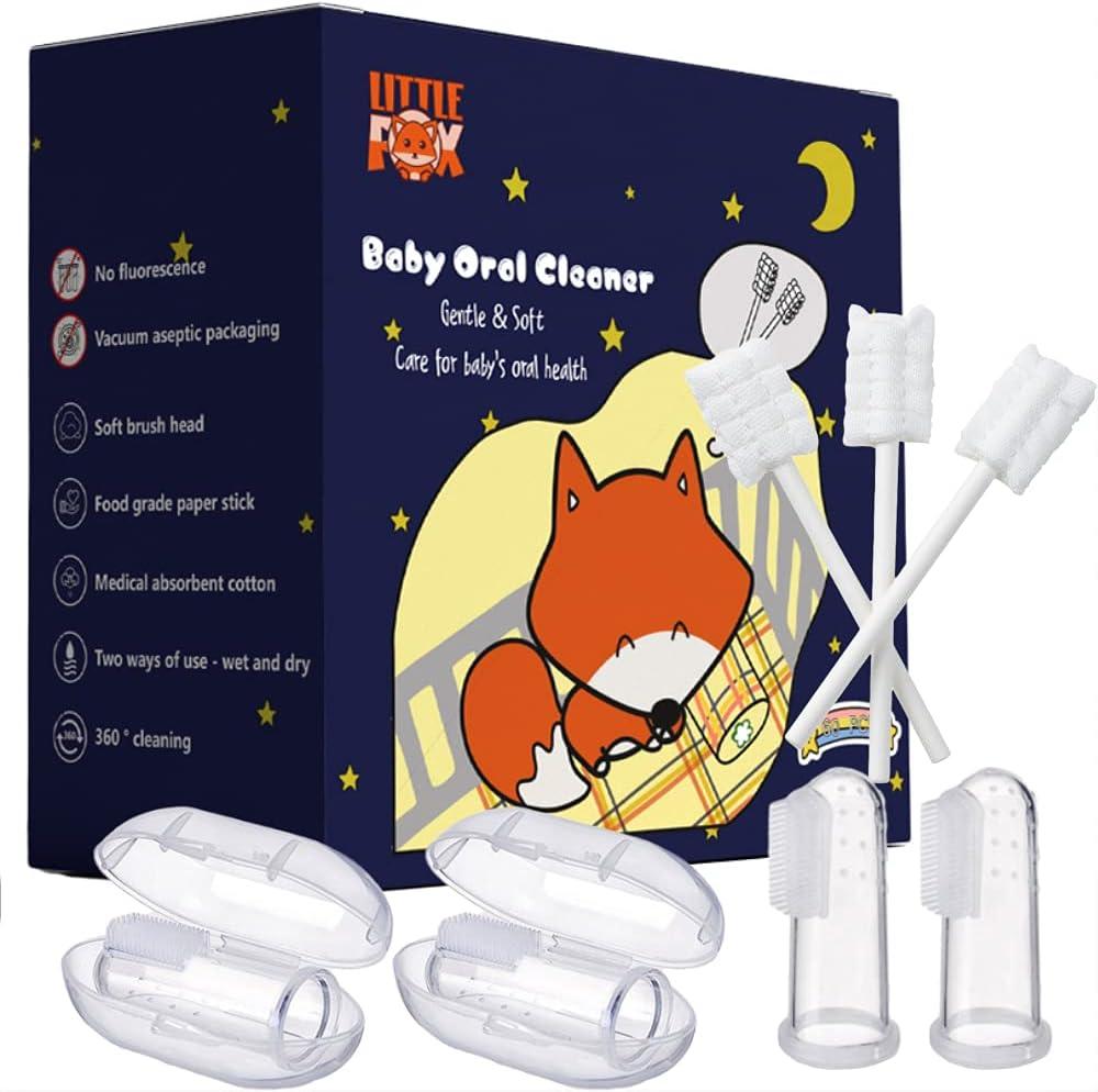[60 Pcs] Little Fox Baby Oral Cleaner +2 Pcs Finger Toothbrush with Cases, Baby Tongue Cleaner, Newborn Toothbrush, Disposable Tongue and Gum Cleaner, Infant Oral Care and Cleaning for 0-36 Month Baby (62 Piece Set)
