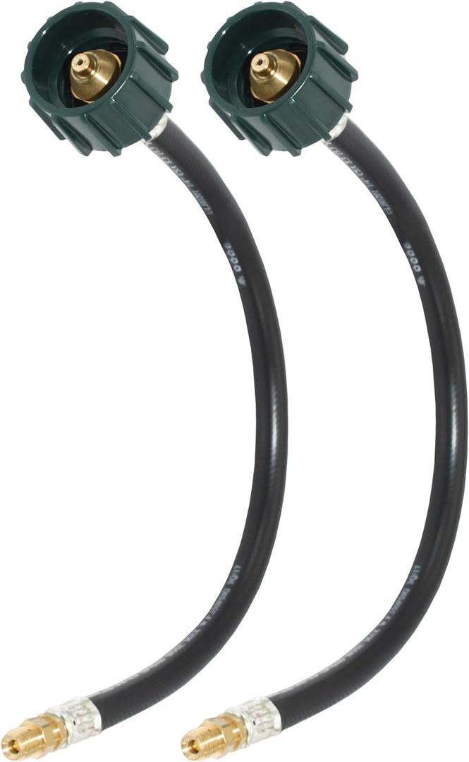 Flame King E15INPT-X2 Pigtail Hose Connectors, 1/4" Male Inverted Flare (NOT NPT) for RV, Van, or Trailer, Propane Tank 2-Stage Auto Changeover Regulators, 15 inches (2-Pack), Black/Green
