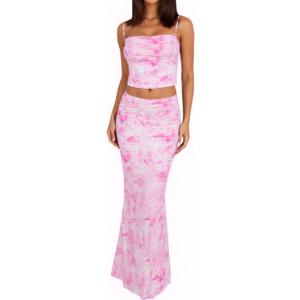 Women High Stretchy Adjustable Strap Backless Floral Two Piece Maxi Skirt Set Summer Outfits 2026 (Pink, S)
