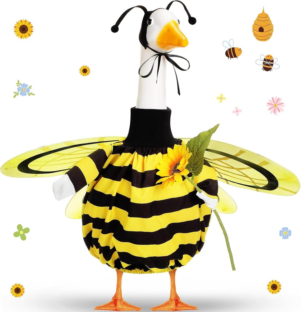 FuWeave Spring Bee Porch Goose Outfit for 23" Porch Goose Clothes with Bee Wings Sunflower for Spring Summer Outdoor Statue Garden Deck Patio Yard Lawn Art Decoration
