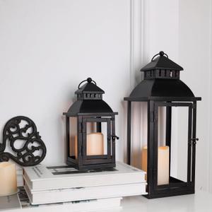 LED Lanterns Decorative Outdoor&Indoor, Set of 2 (17&11) Large Black Metal Lantern Decor with bronze brush, Candle Holder for Porch, Patio, Garden, Balcony, Wedding Decorations (No Glass)