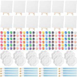 Qilery 12 Set Acrylic Paint Kit Mini Stretched Canvas with Easel, Acrylic Paints Strips, Brushes, Palette, Art Set for Kids Adults Classroom Birthday Party Favors(6 x 6 Inch)