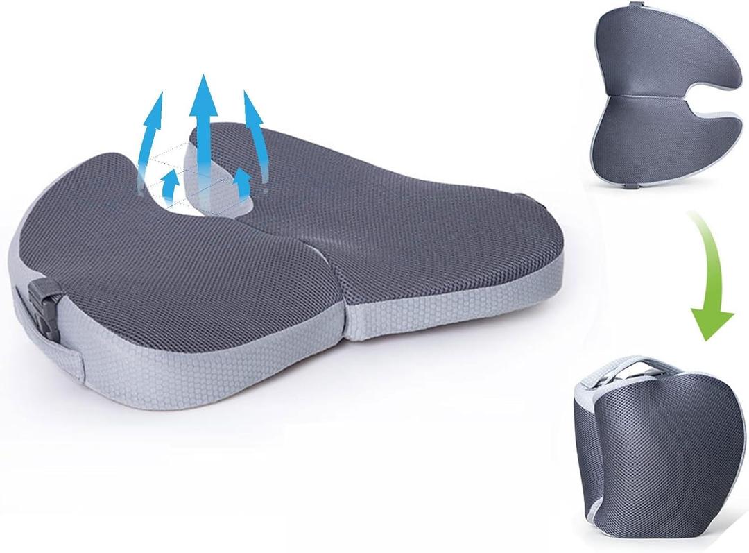 Small Travel Seat Cushion for Airplane, Portable Foldable Seat Cushion, Sciatica Pain Relief with Built-in Handles-Memory Foam Chair Cushions to Enhance Posture & Back Pain, for Car, Office, Gaming (Gray)