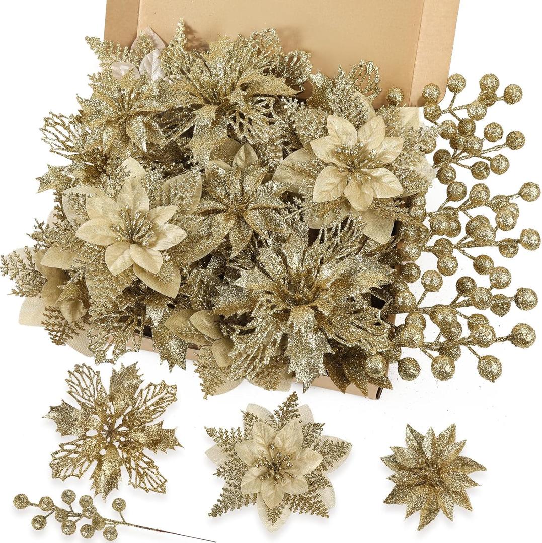 N&T NIETING 24 Pcs Christmas Poinsettia Artificial Flowers & Glitter Berries Stems Kit Christmas Floral Picks Christmas Tree Garland Wreath Filler Ornaments for Home Party Xmas Decor, Gold