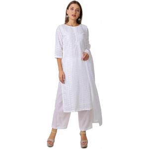 ladyline White Lucknowi Chikankari Salwar Kameez Suit Rayon Kurta with Pants & Dupatta Set