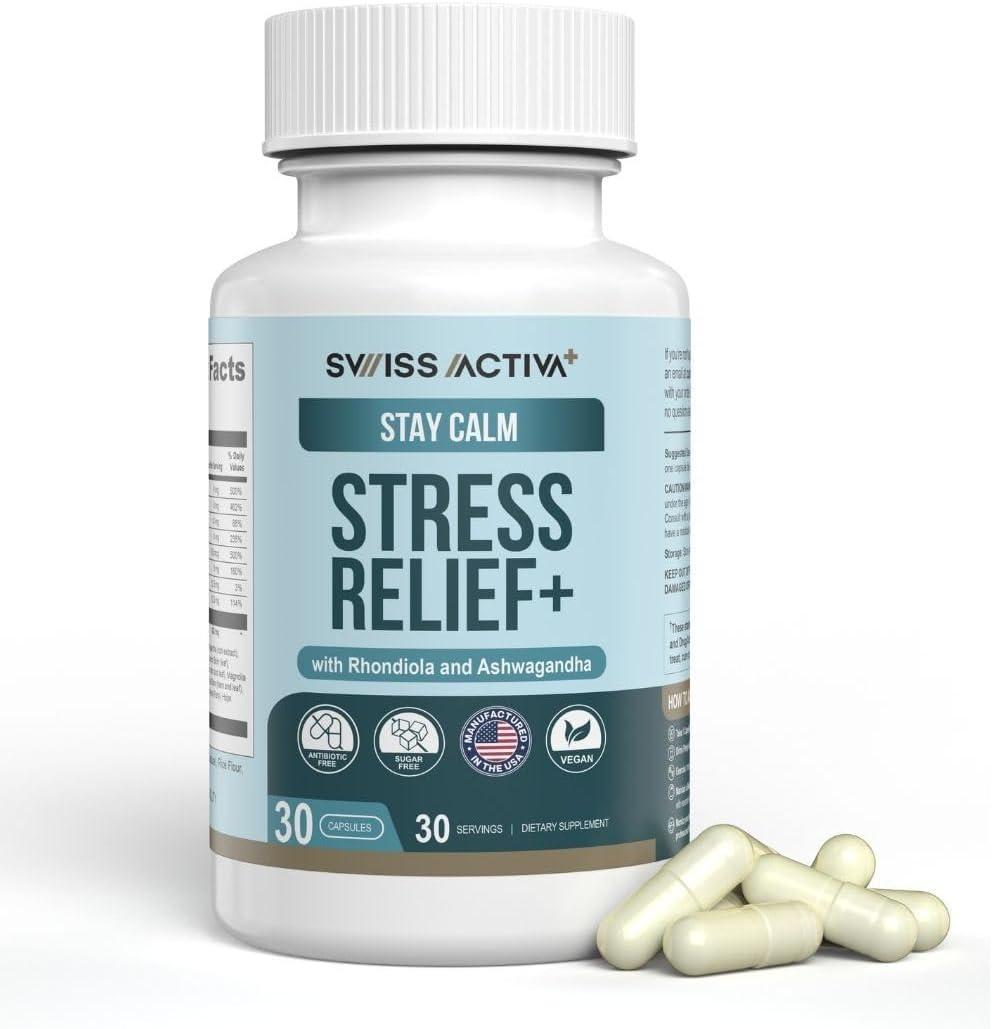 Swiss Activa+ Stress Relief & Calm Supplement for Women | Natural Herbal Support with Ashwagandha, GABA, Rhodiola & L-Theanine | Supports Relaxation & Mood Balance | 30 Days Supply (30 Count (Pack of 1))