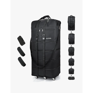 Expandable Foldable Luggage, 42'' Suitcase With Spinner Wheels, Rolling Duffle Bag with Wheels and Handle, Collapsible Luggage With 2 Handle Wrap and 2Fixing Straps1Shoulder Strap (Jet Black)