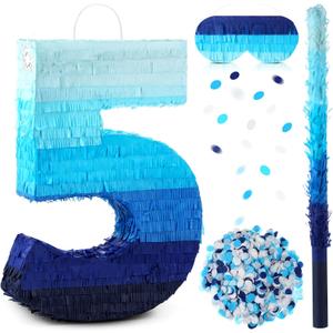 Poen 20 Inch Large Number 5 Piñata Blue Ombre Jumbo Pinata with Stick Blindfold and Confetti for Graduation Birthday Party Decorations Fiesta Adults Anniversary Celebration