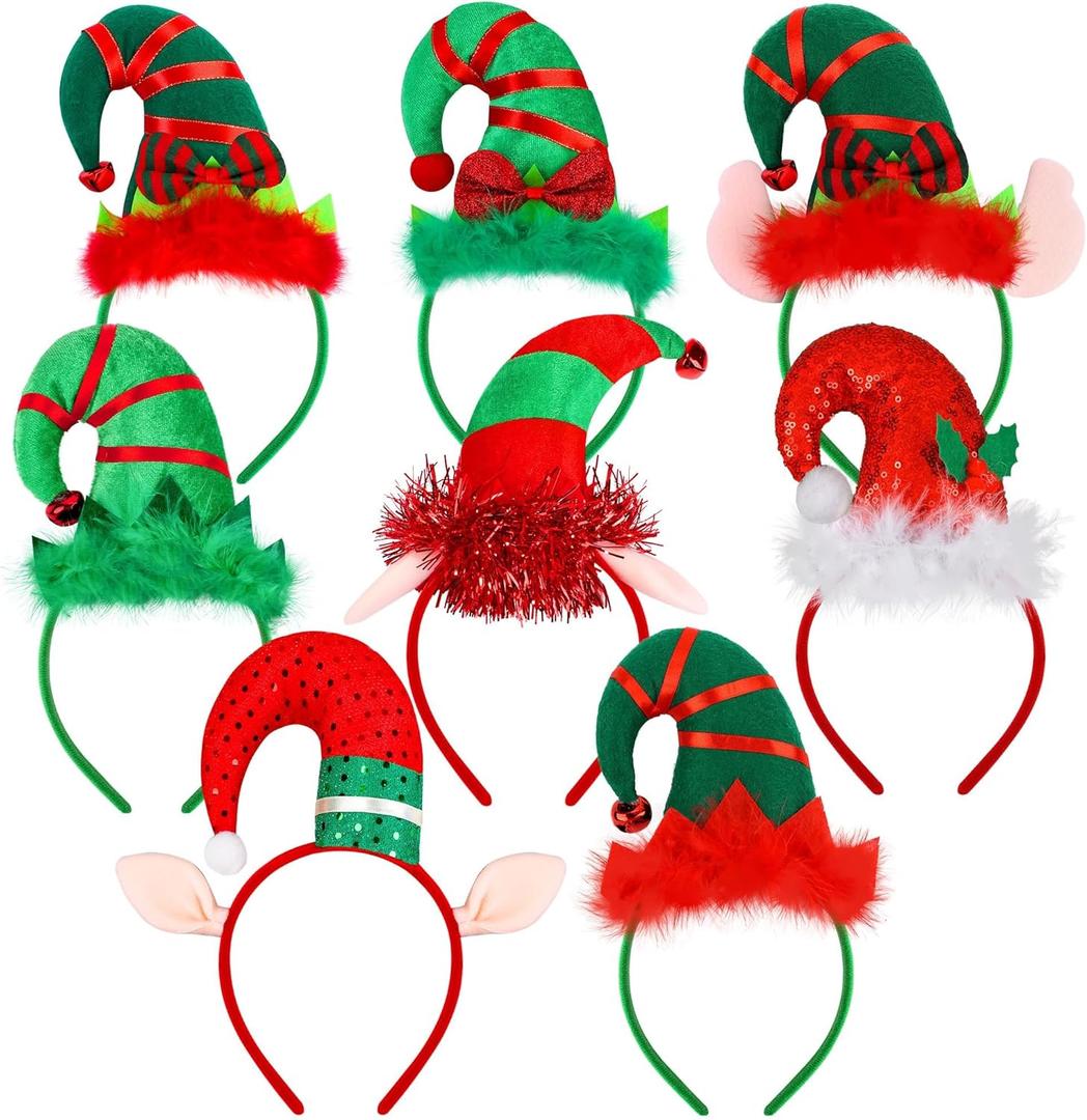 Aodaer 8 Pack Christmas Headbands Cute Elf Hat Costume Headwear Xmas Hair Hoop for Christmas Party Holiday Favors Elves Party Decoration