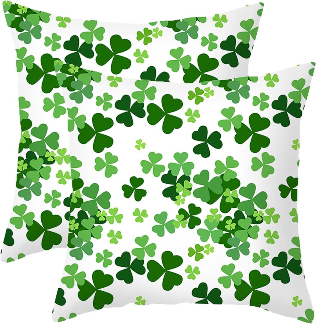 St Patricks Day Pillow Covers 18x18 Set of 2 Green Shamrock Saint Patricks Day Decorative Throw Pillow Cover Cotton Cushion Case for Sofa Couch Farmhouse Indoor Outdoor Decorations