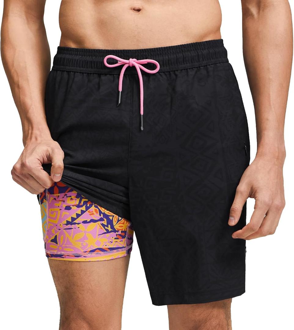 maamgic Mens Swim Trunks with Compression Liner 9 Inch Stretch Quick Dry Swim Shorts with Zipper Pockets Swimwear (XX-Large, Geometrical Black)