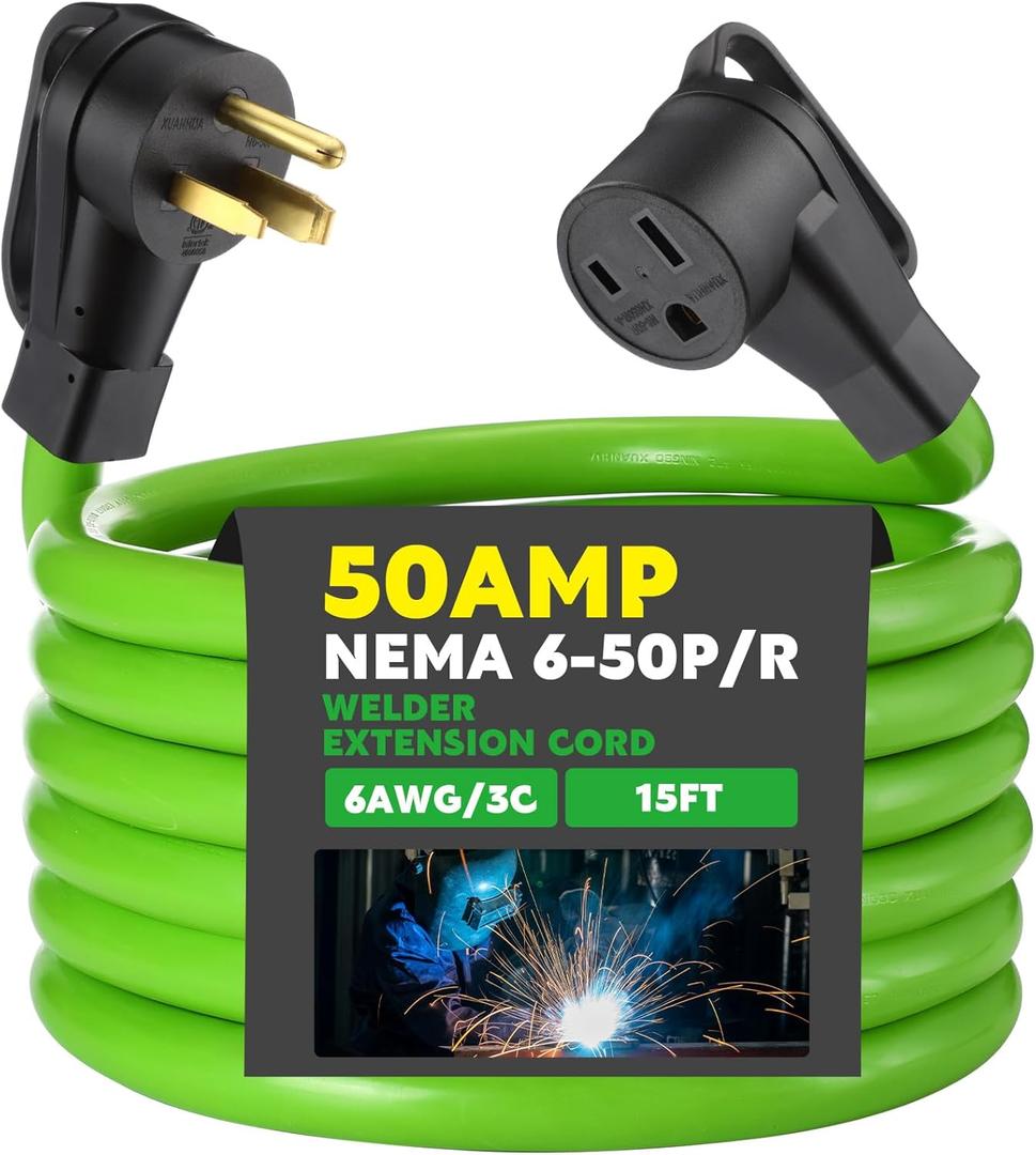 Kanayu 15FT 50Amp 6AWG NEMA 6-50P to 6-50R Welder Extension Cord 50Amp Power Extension for Welding Machines 50A 250Volt 3-Prong 6 Gauge Heavy Duty Welding Cable, ETL Listed