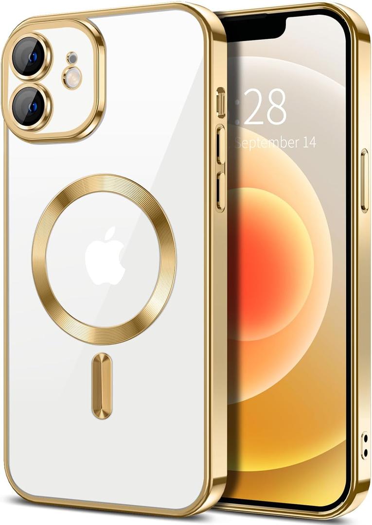Hython Magnetic Clear for iPhone 12 Case with Camera Lens Protector [Compatible with MagSafe] Luxury Plating Edge Slim Soft TPU Cover Protective Phone Case for iPhone 12 6.1", Gold