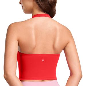 CRZ YOGA Butterluxe Halter Crop Tank Tops for Women - Open Back Padded Longline Sports Bras Workout Gym (Small, Deep Red)
