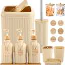 Bathroom Set 17PCS Beige Bathroom Accessories Set Bathroom Sets with Trash Can 3PCS Lotion Soap Dispenser, Toothbrush Holder,6PCS Wood Tags Bathroom Accessories for Kitchen Bathroom