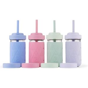 Elk and Friends Kids + Toddler Glass Cups | The Original 12oz Glass Mason Jar with Sleeves + Lids | Silicone Straws + Stopper | Smoothie Cup | Food Storage | Lilac/Sage/Blush/MistyBlue | 4 Pack