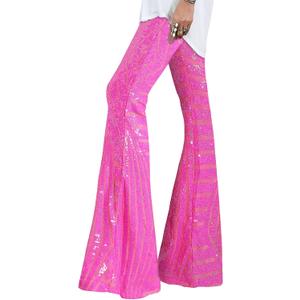 EVALESS Women Sequin Pants Sparkly Glitter High Waisted Wide Leg Flare Trousers Bell Bottom Night Out Clubwear, M