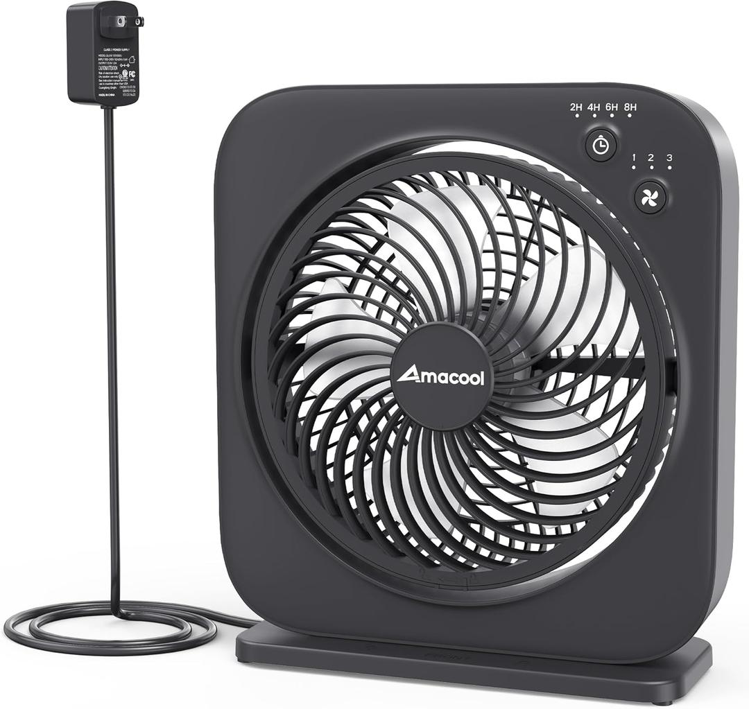 AMACOOL Table Fan, 12 inch Box Fan with 3 Speeds & 8HRS Timer, 270 Pivoting Quiet Air Circulator, Desktop Fan for Bedroom Bathroom Kitchen Office, AC Adapter Included, Co-Branded with Cmyfato-Black