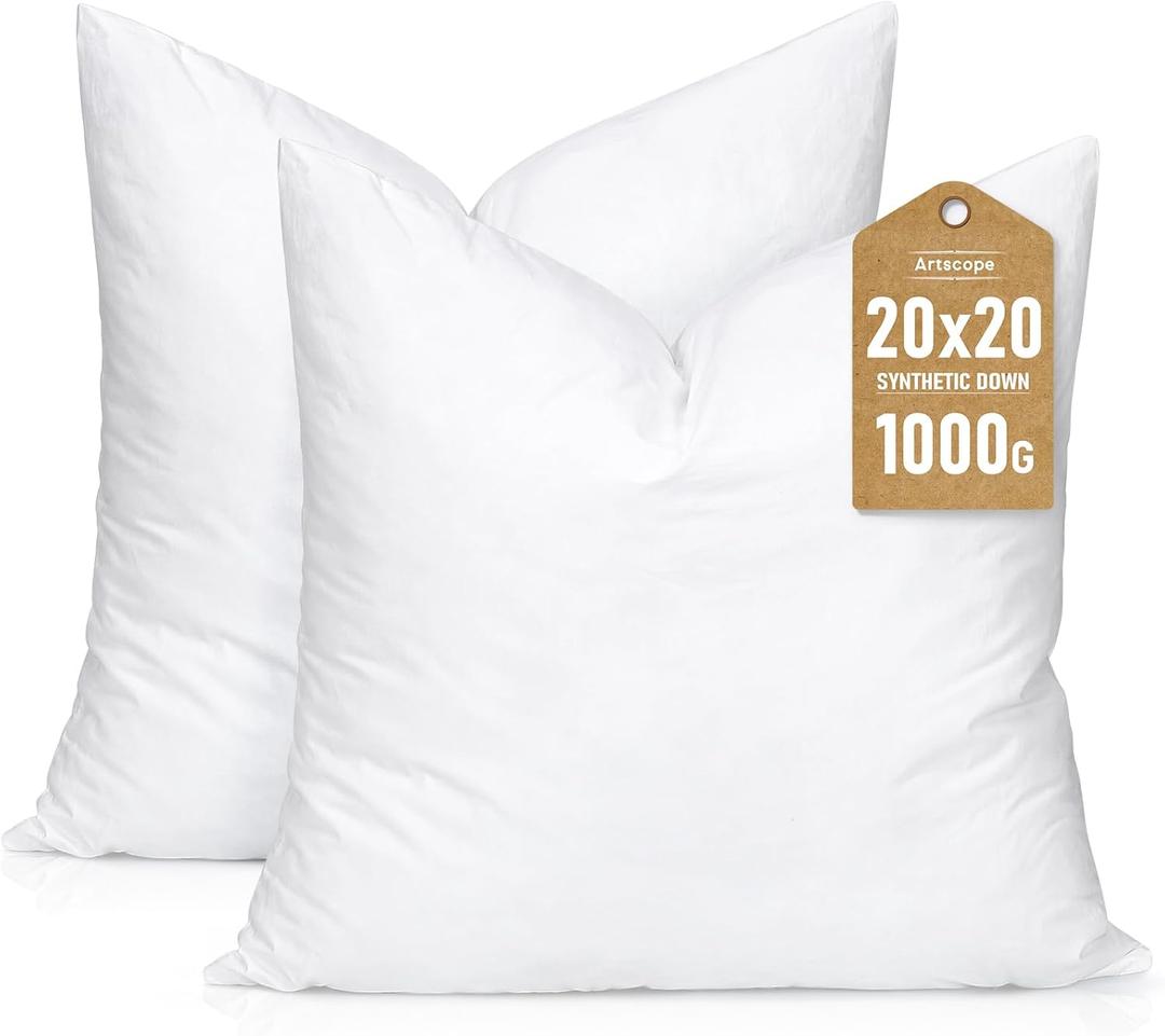 Artscope Synthetic Down Pillow Insert, 20x20 Down Alternative Throw Pillow Insert. Ultra Soft Fluffy Sleeping Pillow with 100% Cotton Cover, Decorative Pillows Set of 2-White. (20x20 Inch (Pack of 2))