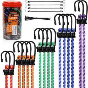HORUSDY 21 - Piece Bungee Cord Set with Hooks & Straps, 10/18/24/30/36/48 Heavy Duty Bungee Cords Assortment for Camping, Truck, Moving, Emergency, Outdoor Storage (30 Nylon Cable Ties Extra)