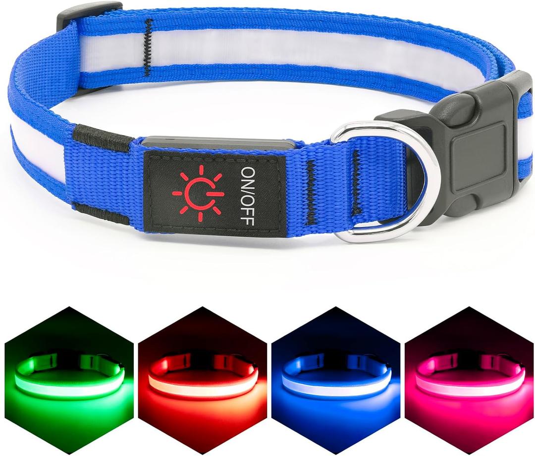 Vizpet LED Dog Collar, Light Up Dog Collar Adjustable USB Rechargeable Super Bright Safety Light Glowing Collars for Dogs(Small,Blue) (Small[11.02-15.74 inch/28-40cm])