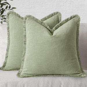 MIULEE Decorative Throw Pillow Covers Neutral Linen Fringe Throw Pillows Set of 2 Sage Green Boho Farmhouse Cushion Covers with Tassels for Couch Sofa Bed Living Room Spring Home Decor 18x18 Inch