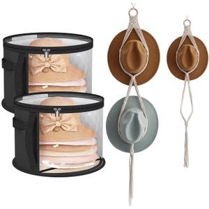 2 Pack Oversized Clear Hat Storage Bag, Holds up to 7 Caps Cowboy Hat Organizer for Closet, Wide Brims Hat Case with Carrying Handles and 1 Macrame Hat Hanger, Hat Box Storage for Women & Men (Grey)