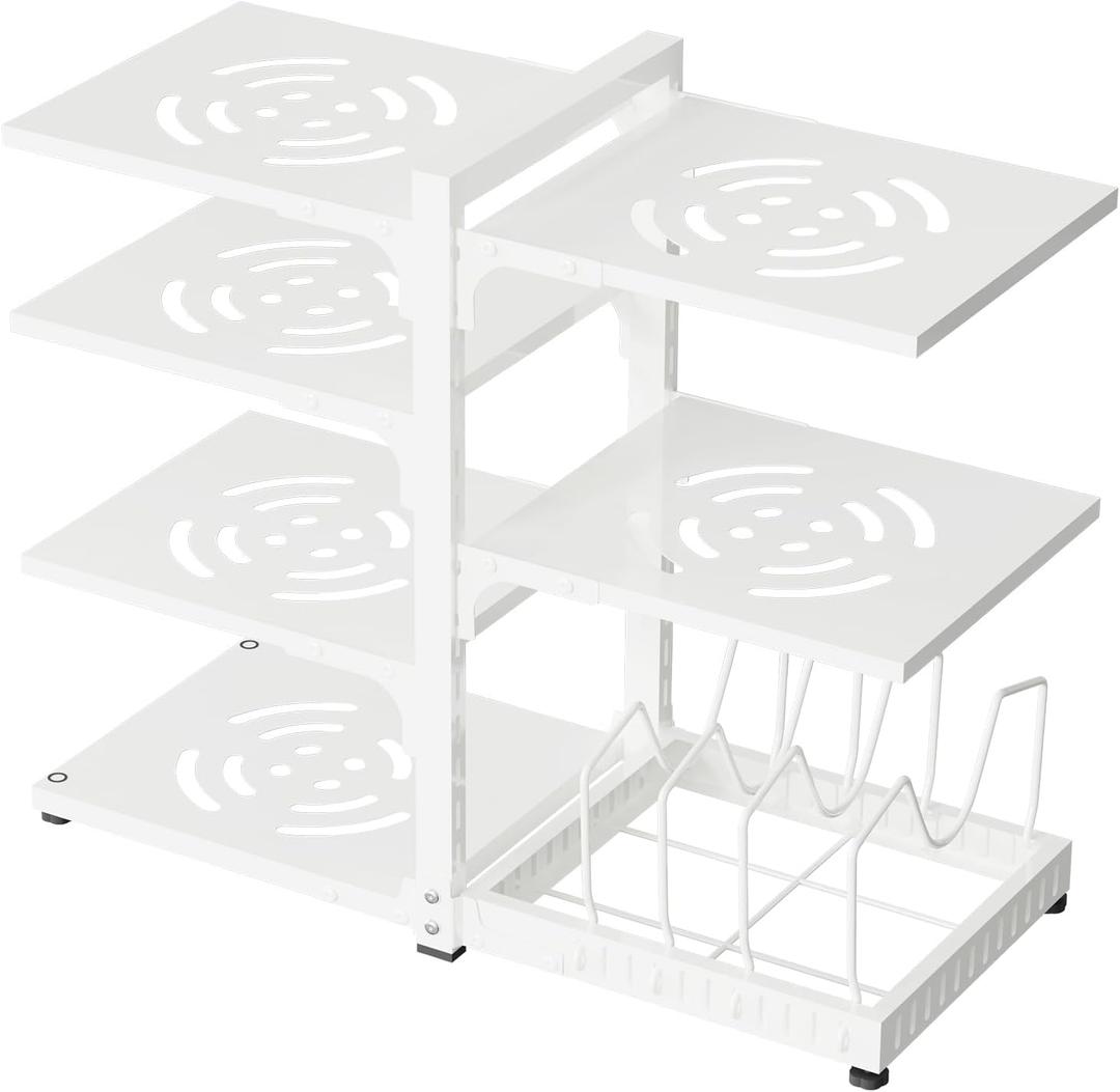 Pots and Pans Organizer, Heavy Duty Pot Racks, 7 Tiers Adjustable Pot Holder Kitchen Cabinet Organizer for Pots, Pans and Lids With 3 DIY Methods, White