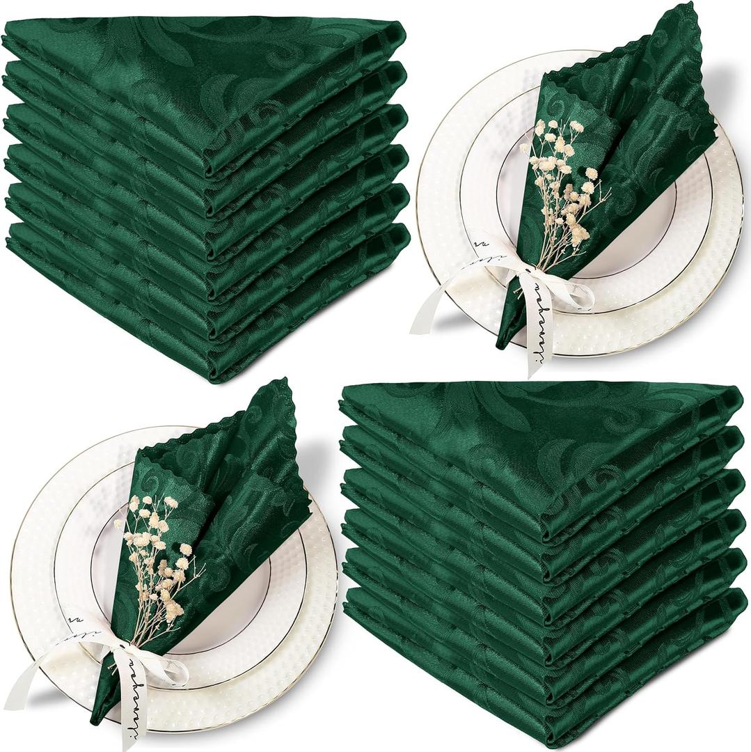 Aormenzy 50 Pack Hunter Green Satin Napkins 17 x 17 Inches Cloth Napkins Jacquard Satin Napkins Scalloped Silky Napkins Square Brocade Napkins for Wedding, Banquet, Party Decoration