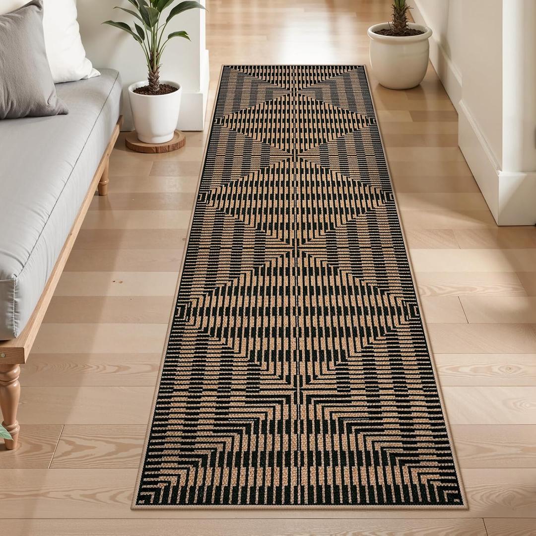 LIVEBOX Farmhouse Rug Runners for Hallways Non Slip, 2x6 Easy Jute Indoor Outdoor Runner Mat, Abstract Geometric Striped Washable Rugs for Kitchen, Entryway, Mudroom (Black)
