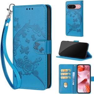 Wallet Case for Google Pixel 9/9 Pro, Blue Flower | Women Flip Folio Cover, Embossed PU Leather, Stand, Credit Card Holders Slots, Wrist Strap