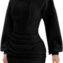 BEAGIMEG Women's Long Sleeves High Neckline Hooded Solid Stretch Casual Mini Sweatshirt Dress (Black), Small