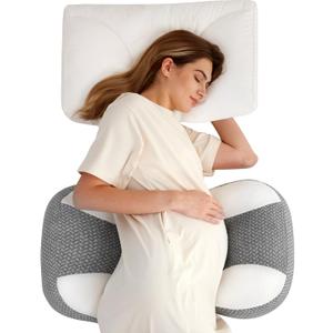 Momcozy Plus W Shaped Pregnancy Pillow for Sleeping - Adjustable Maternity Pillow for Side Sleepers - Portable Wedge Belly Support -Compact Design for Back Belly and HIPS, Grey White