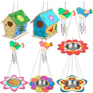 Fennoral 12 Pack Bird House Craft Kit for Kids Make You Own Bird Wind Chime Kit DIY Build and Paint Wooden Birdhouses Bird Feeder Art and Craft for Spring Yard Garden Outdoor Decoration