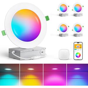 Smart Recessed Lighting 6 Inch 4 Pack, Wi-Fi Connect RGBWW LED Downlight with Junction Box, APP & Voice Control, 1100LM 12W, 2700K-6500K, Canless Downlights for Bedroom Kitchen Living Room (White and Color Ambiance)